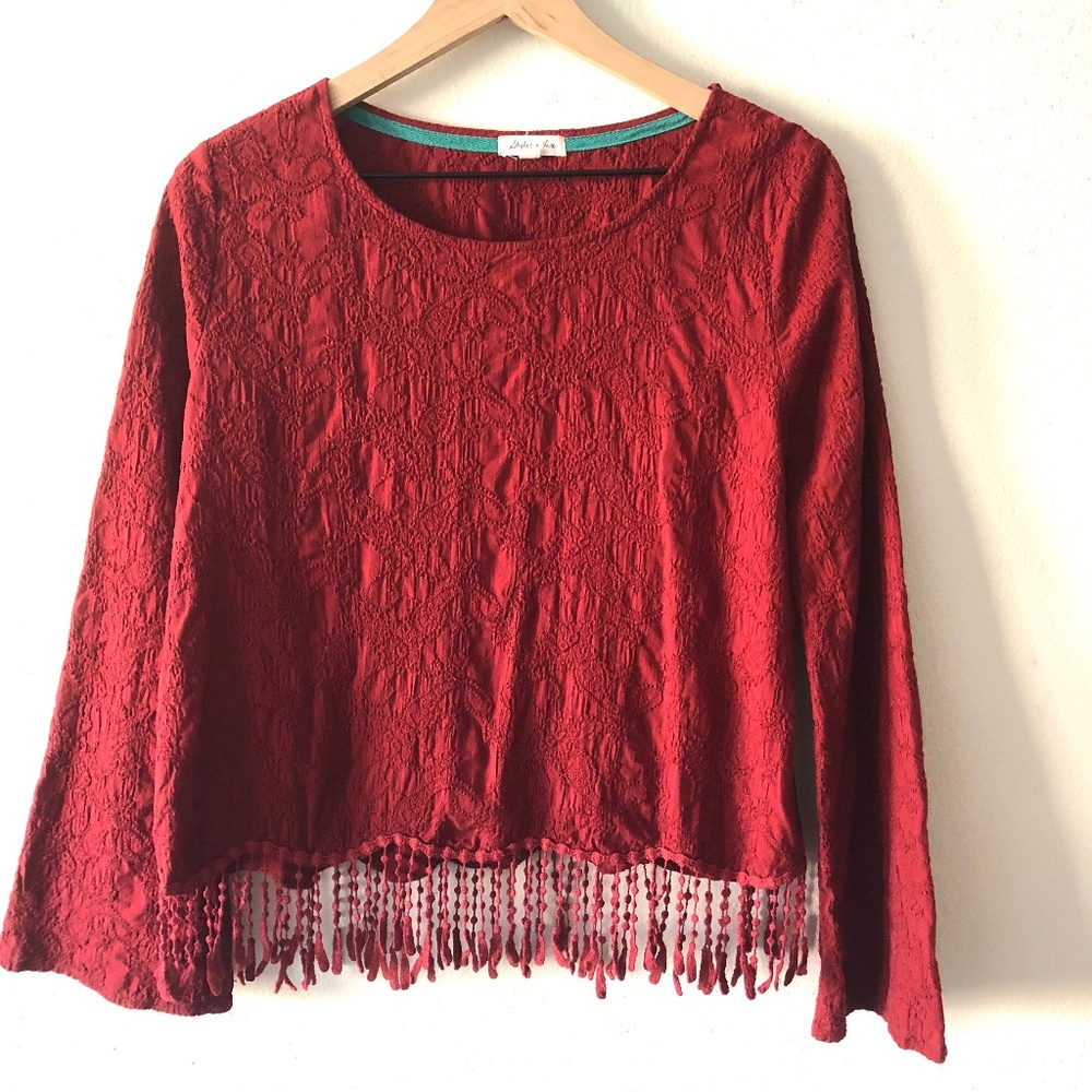 Skylar & Jade Red Fringe & Embellished Top